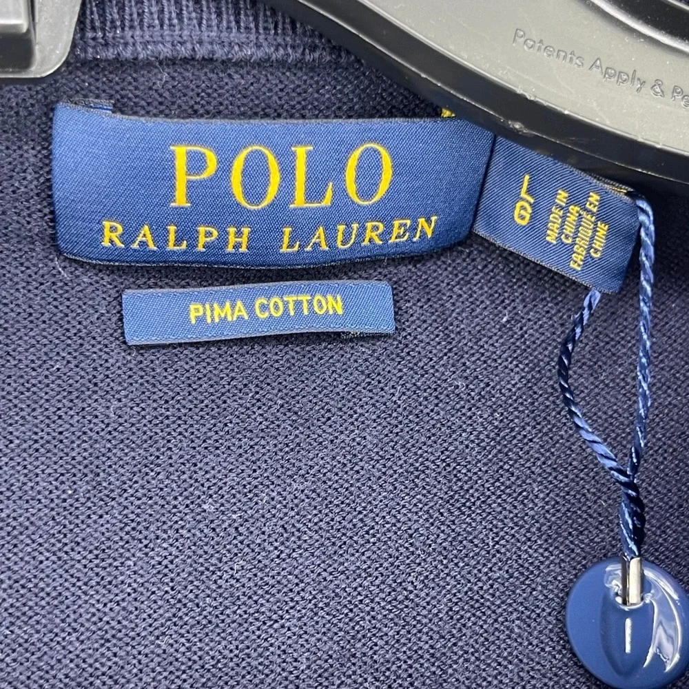 Polo Ralph Lauren V-Neck Sweater Men Large Blue Pima Cotton Pony Logo Preppy